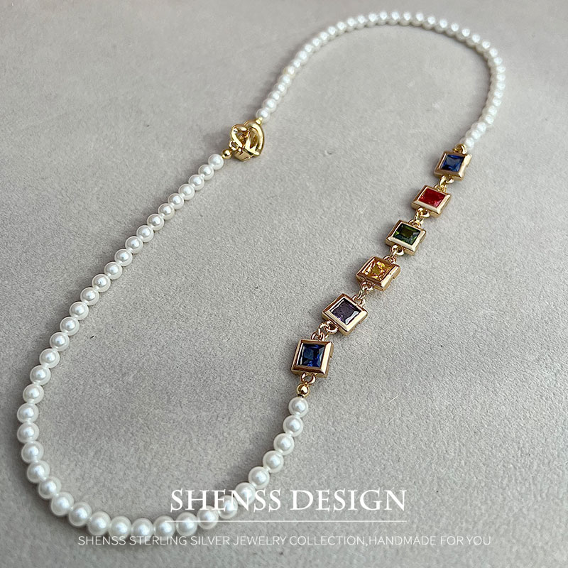 สร้อยคอเพทายสี่เหลี่ยมมุกเทียม - Pearl Necklace Set บทวิจารณ์และราคา