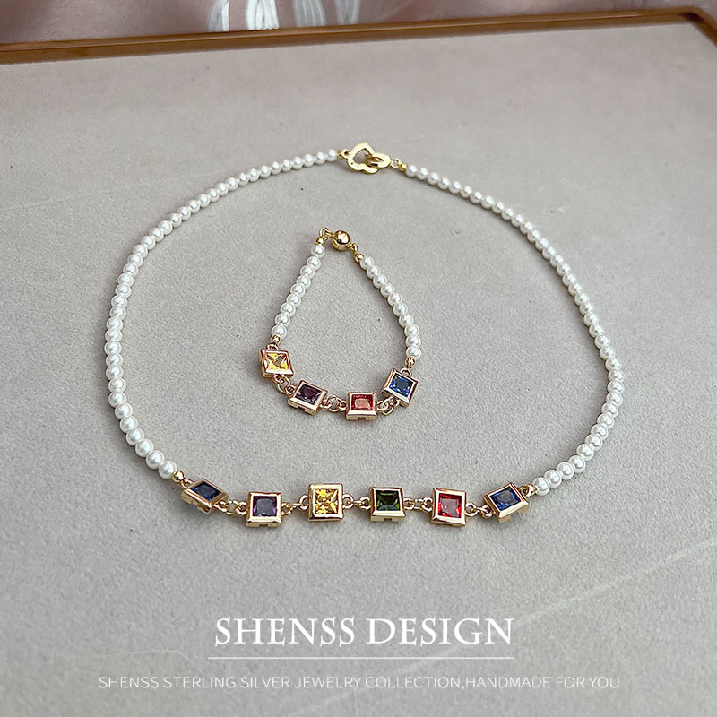 สร้อยคอเพทายสี่เหลี่ยมมุกเทียม - Pearl Necklace Set บทวิจารณ์และราคา